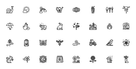 Spring icon set. Vector illustration pack featuring snail, rainbow, Easter egg, butterfly, bee, flower, gardening tools and more seasonal elements. Editable stroke. © wang
