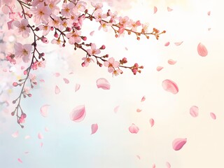 Fototapeta premium Cherry Blossom Branch with Pink Flowers and Falling Petals in Soft Light