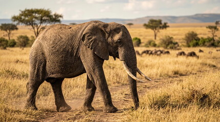 Fototapeta premium African Elephant Walking Across Golden Savannah Grassland With Long Tusks and Majestic Presence