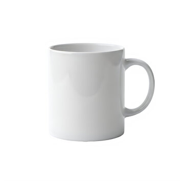 Simple white ceramic mug with handle for modern designs isolated on white background