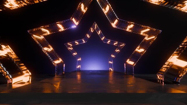 Futuristic neon star shape portal stage light background. 3D loops animation	