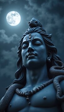 Lord Shiva meditating peacefully under full moon sky. Blue deity with snake around neck and third eye on forehead. Divine spiritual symbol of Hinduism. Peaceful serene night.