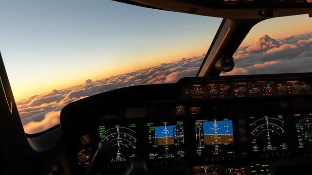 airplane cockpit view navigating through clouds during serene sunset flight