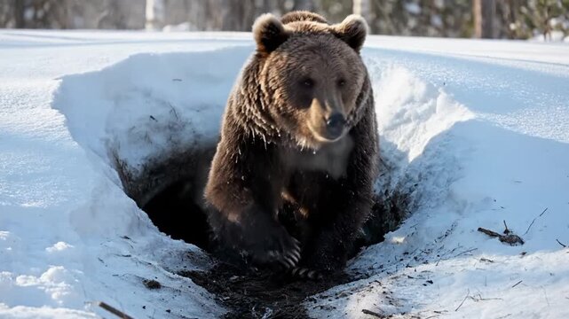 A powerful brown bear slowly emerges from its snowy den in a winter forest, signaling the end of hibernation.