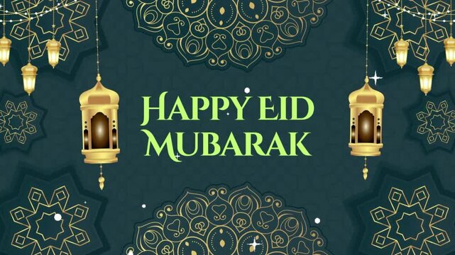 Happy Eid Mubarak Greeting with Golden Mandala and Hanging Lanterns