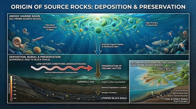 Detailed Illustration of Oil Source Rocks Formation Process, Including Deposition and Preservation Mechanisms
