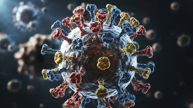 close-up of a virus particle with colorful spikes representing strain variations in medical research