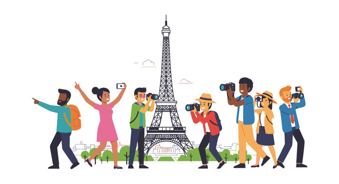 Illustration of a group of tourists taking photos and sightseeing in front of the Eiffel Tower with a colorful and lively atmosphere.
