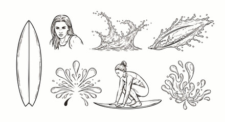 Naklejka premium Surfing elements: surfboard, woman surfer, water splashes, and portrait of a girl in sketch style