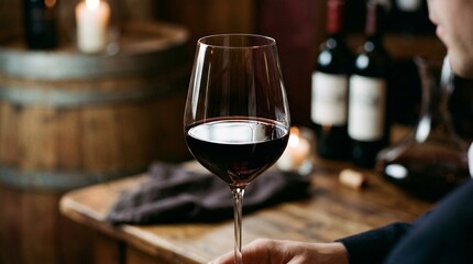 Fototapeta premium Close-up of a Bordeaux red wine with deep garnet color in tall glass, no text, no logos, no faces, French fine wine concept for wine brand or culinary editorial, commercial use