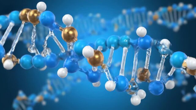Detailed molecular structure of DNA helix in a 3D rendering highlighting genetic research themes