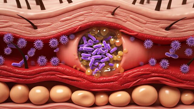 cross-section of skin infection illustrating bacterial growth and immune response in epidermal layers