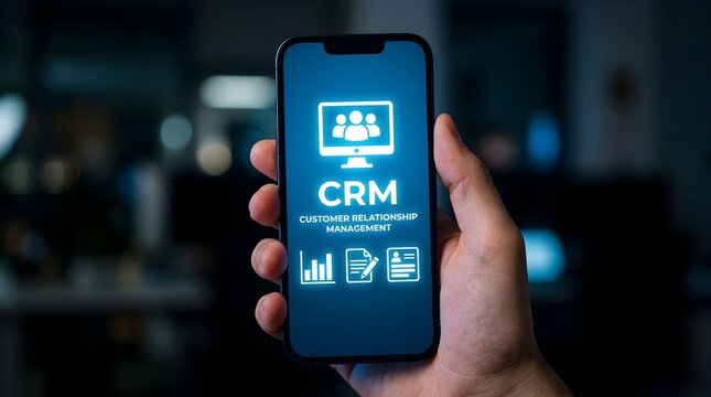Hand holding smartphone with CRM software icon on screen.