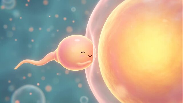 Cute Cartoon Sperm Cell Approaching Ovum for Fertilization