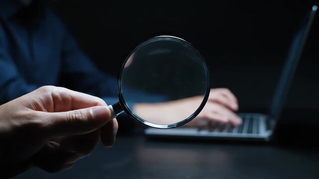 Focused analyst using magnifying glass and laptop in dark room for detailed research