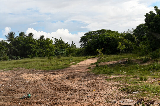 empty dirt lot for construction and development, open land with tire tracks and green vegetation, vacant plot of land under cloudy sky, rural area prepared for building project