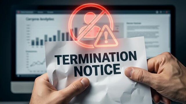 Termination notice held by hand with workforce layoff and employee dismissal concept showing restructuring and downsizing impact on business paper document