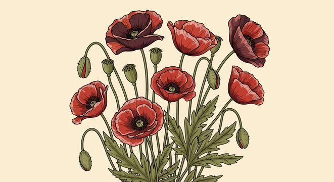 Vintage Botanical Illustration of Red Poppy Flowers and Seed Pods on Cream Background