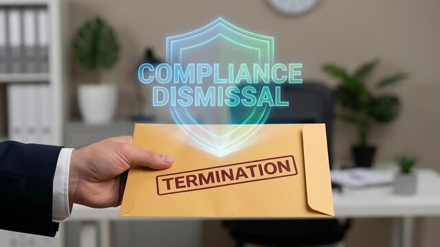 Compliance dismissal termination layoff employee workforce restructuring downsizing envelope office background showing notice letter symbolizing rights company policies business impact