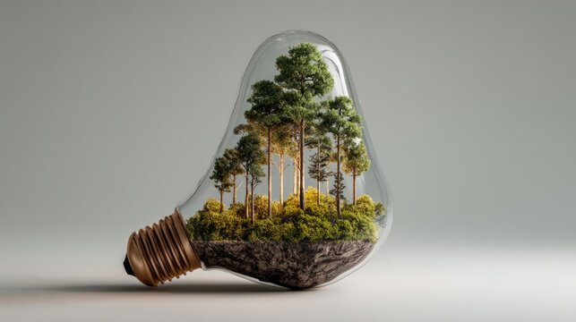 A lightbulb filled with a small forest, representing bright ideas for sustainable living.