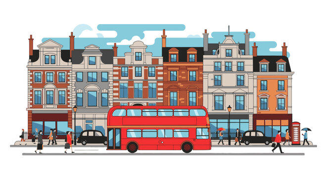Illustration of a red double-decker bus driving past colorful buildings on a city street with people walking on the sidewalk in a vibrant and lively urban scene.