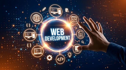 Naklejka premium Web Development Concept with Hand Interacting with Digital Interface.