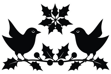 Obraz premium Festive Winter Birds Perched on Holly Branch Border Illustration for Christmas Cards and Seasonal Decor