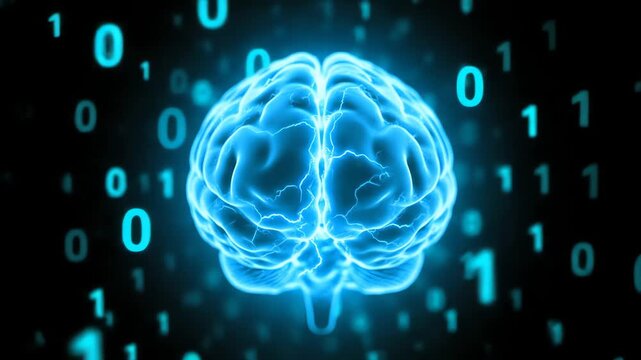 glowing digital brain with binary code backdrop symbolizing artificial intelligence and technology