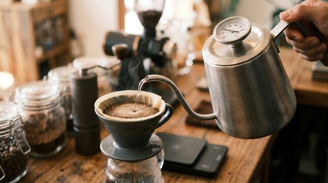 Close-up of pour over coffee being brewed with a gooseneck kettle bloom phase, no text, no logos, no faces, specialty coffee brewing concept for coffee brand or culinary editorial, commercial use