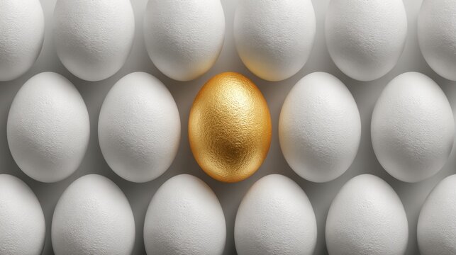 Single unique golden egg standing out among a precise grid of white eggs