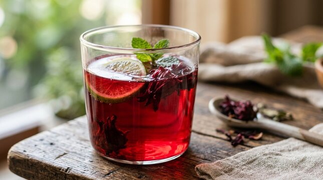 Close-up of hibiscus rosella tea with vivid crimson color in a glass, no text, no logos, no faces, herbal tea concept for wellness brand or beverage editorial, commercial use
