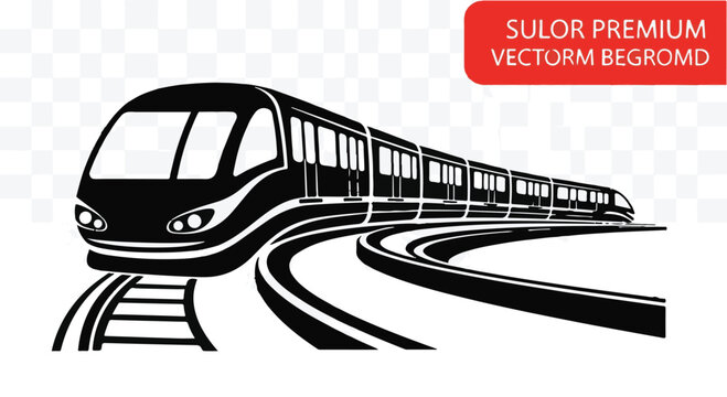 Train silhouette design shows a modern passenger vehicle on curved railway tracks.