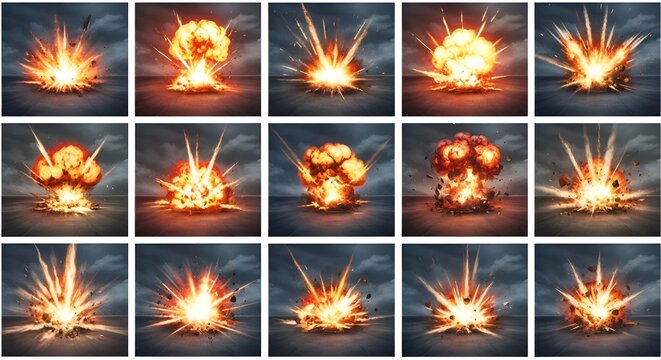 Fiery Explosions Collage: Dynamic Fire Bursts and Detonations