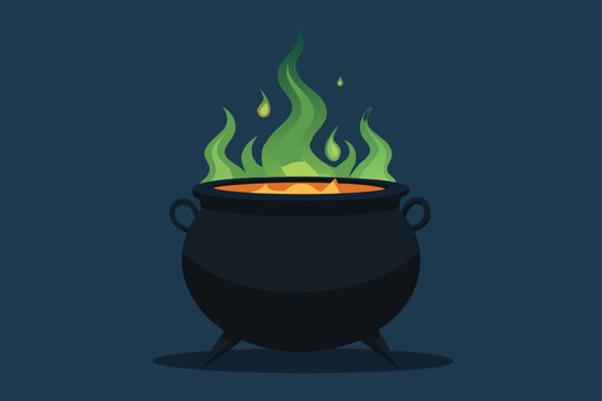 Set of magical witch cauldrons with bubbling green potion, spooky Halloween vector icons for party posters, invitations, and digital stickers.
