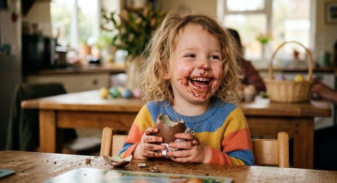 A joyful young child with a messy face covered in chocolate laughs while holding a broken chocolate Easter egg at a wooden table in a bright kitchen during a festive holiday celebration