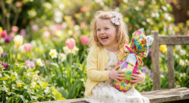 A happy little girl with blonde hair and a floral bow sits on a wooden garden bench, laughing joyfully while holding a large, colorful foil-wrapped Easter egg surrounded by blooming spring flowers