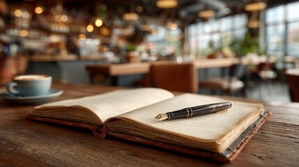 Fototapeta premium pen notebook with fountain pen on a wooden cafe table with bokeh lights