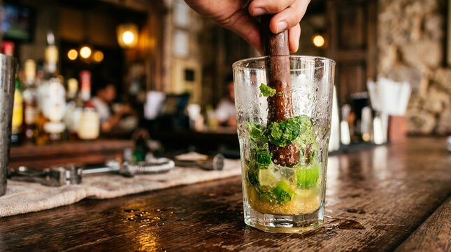Close-up of a Mojito with fresh mint being muddled and lime juice visible, no text, no logos, no faces, Cuban cocktail concept for bar brand or summer editorial, commercial use