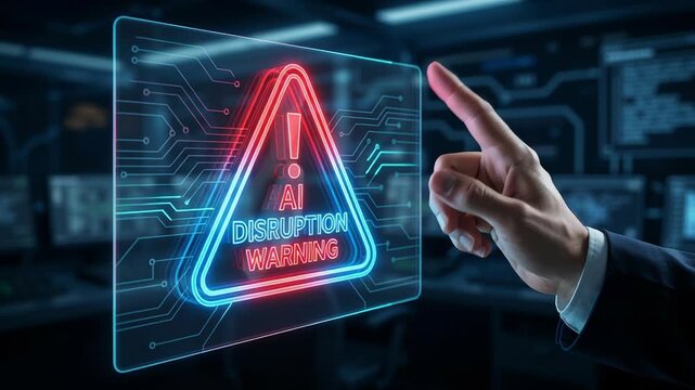 AI disruption warning hand pointing futuristic digital interface symbolizing workforce restructuring layoff impact employee dismissal downsizing business digital technology future workforce changes