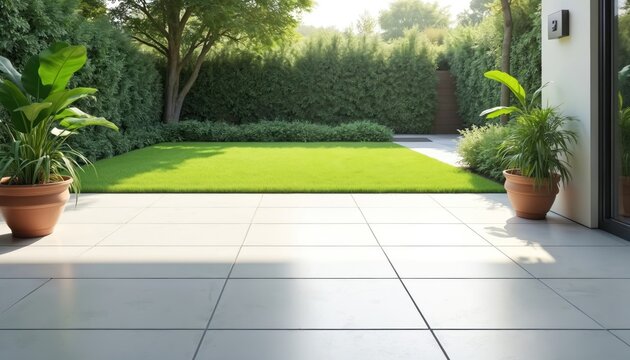 Modern garden patio with white tiles and green lawn. Potted plants sit near trimmed hedges. Sunny day light illuminates clean backyard space. Outdoor living area.