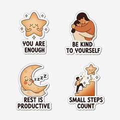 Fototapeta premium Mental Health Affirmation Sticker Set, Cute Cartoon Self Care Quotes with Moon Stars and Hugging Characters Isolated on White