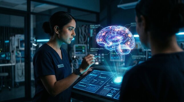 Doctor analyzing glowing 3D holographic brain scan in a dark room