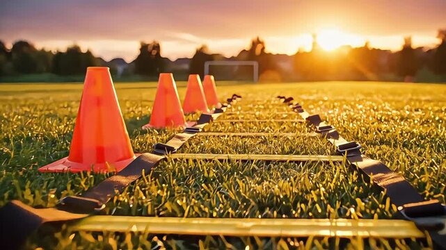 Vibrant football training field at sunset, equipped with agility cones and a ladder for developing athletic performance, speed, and coordination skills