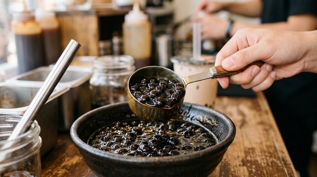 Close-up of tapioca pearls being scooped from a dark syrup bowl, no text, no logos, no faces, boba preparation concept for food brand or beverage editorial, commercial use