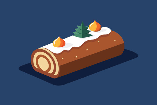 Traditional yule log cake or Buche de Noel vector illustration, delicious holiday dessert with chocolate frosting and festive decorations for Christmas menus