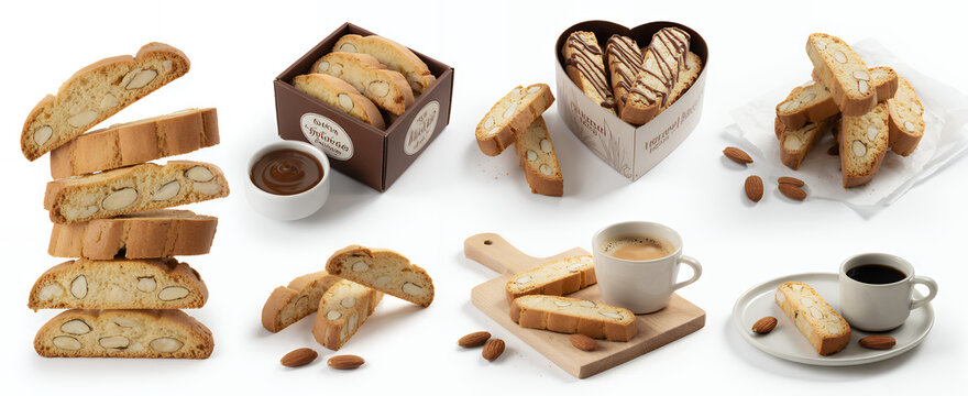 Assorted biskotti cookies with coffee and nuts on white background