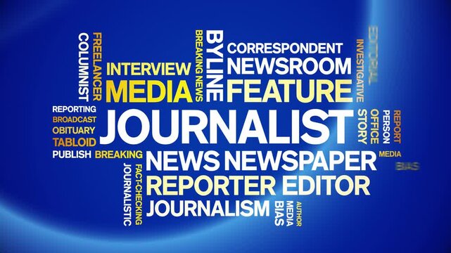 Journalist animated word cloud-text design animation tag kinetic typography seamless loop.