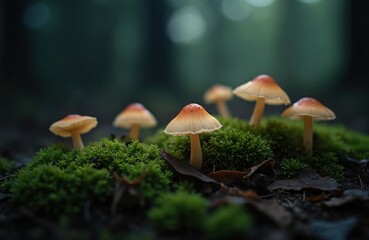 Obraz premium Small mushrooms grow on green moss in dark forest floor. Tiny fungi caps glow with soft light. Mystical woodland scene, nature small wonders appear in dim woods.