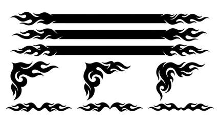 Collection of black tribal fire vector silhouettes. Features long ribbon banners for text, decorative corner accents, and symmetrical flame dividers