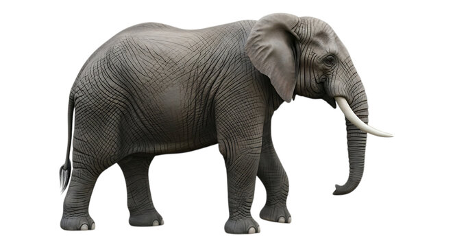 A large gray elephant standing against a black background with its trunk curled downward